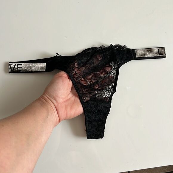 Women's Glitter Lace ( Love) Low Rise Thongs Underwear Panty Solid Black Panties - Picture 7 of 8